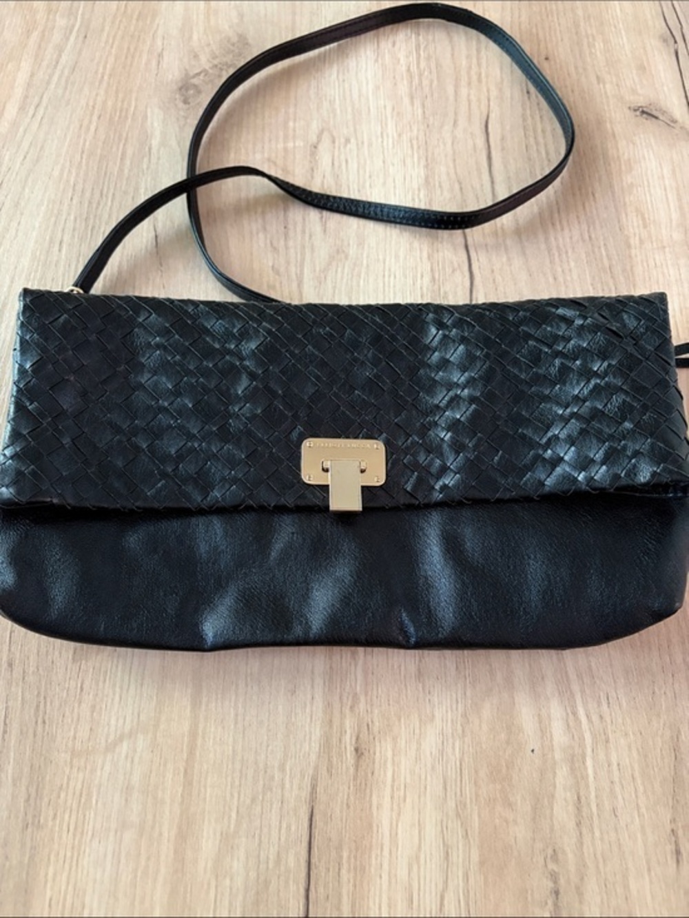 Elliott Lucca Black Woven Leather Foldover Crossbody Clutch Purse